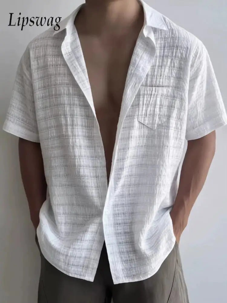 2026 Summer Fashionable Mens Short Sleeve Shirt Stylish Solid Color Textured Breathable Shirts Men Vintage Button Lapel Shirt