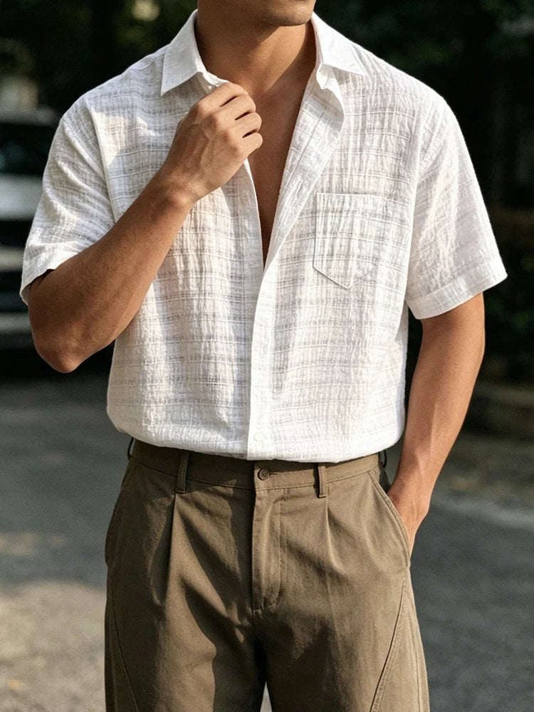 2026 Summer Fashionable Mens Short Sleeve Shirt Stylish Solid Color Textured Breathable Shirts Men Vintage Button Lapel Shirt