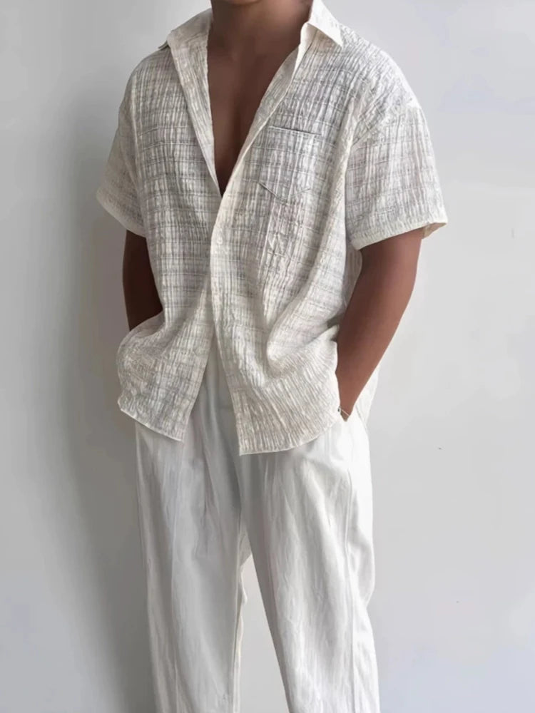2026 Summer Fashionable Mens Short Sleeve Shirt Stylish Solid Color Textured Breathable Shirts Men Vintage Button Lapel Shirt