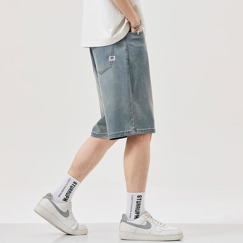 2026 summer men's straight tube lightweight Lyocell stretch denim shorts classic Patches retro casual knee length thin shorts