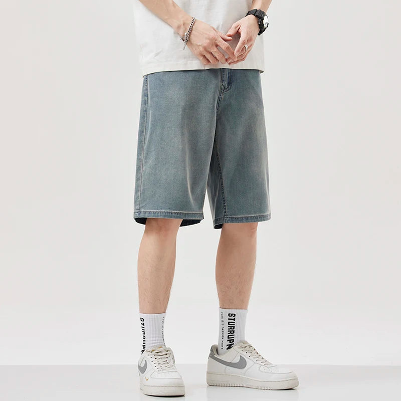 2026 summer men's straight tube lightweight Lyocell stretch denim shorts classic Patches retro casual knee length thin shorts