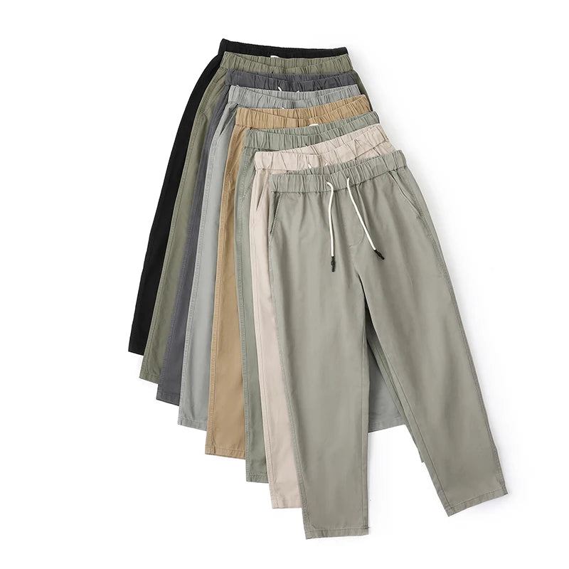 8 Color 2026 New Spring Summer Men's Casual Pants 95%Cotton Breathable Solid Color Outing Outdoor Elastic Waist Trousers Male