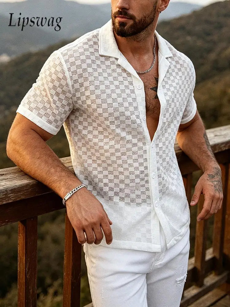 Stylish Plaid Textured Shirts Mens Knitted Short Sleeve Button-up Casual Shirt Summer Men Vintage Hollow Out Knit Cardigan